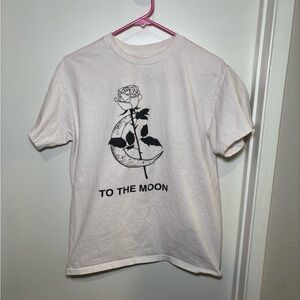 White Graphic T-Shirt with Moon and Rose Design